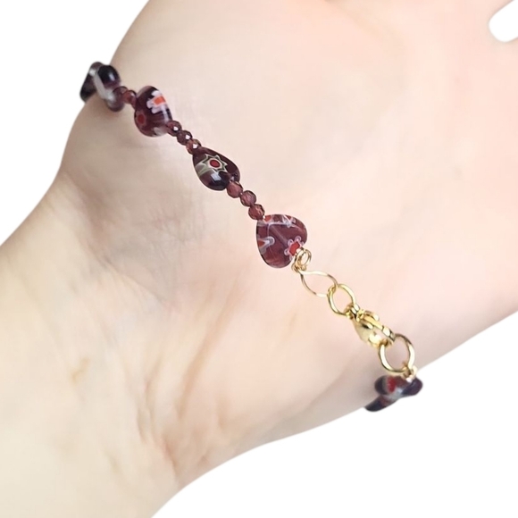 Garnet Millefiori Lampwork Glass Bead Heart Charm Teardrop Crystal Bracelet - Picture 4 of 4